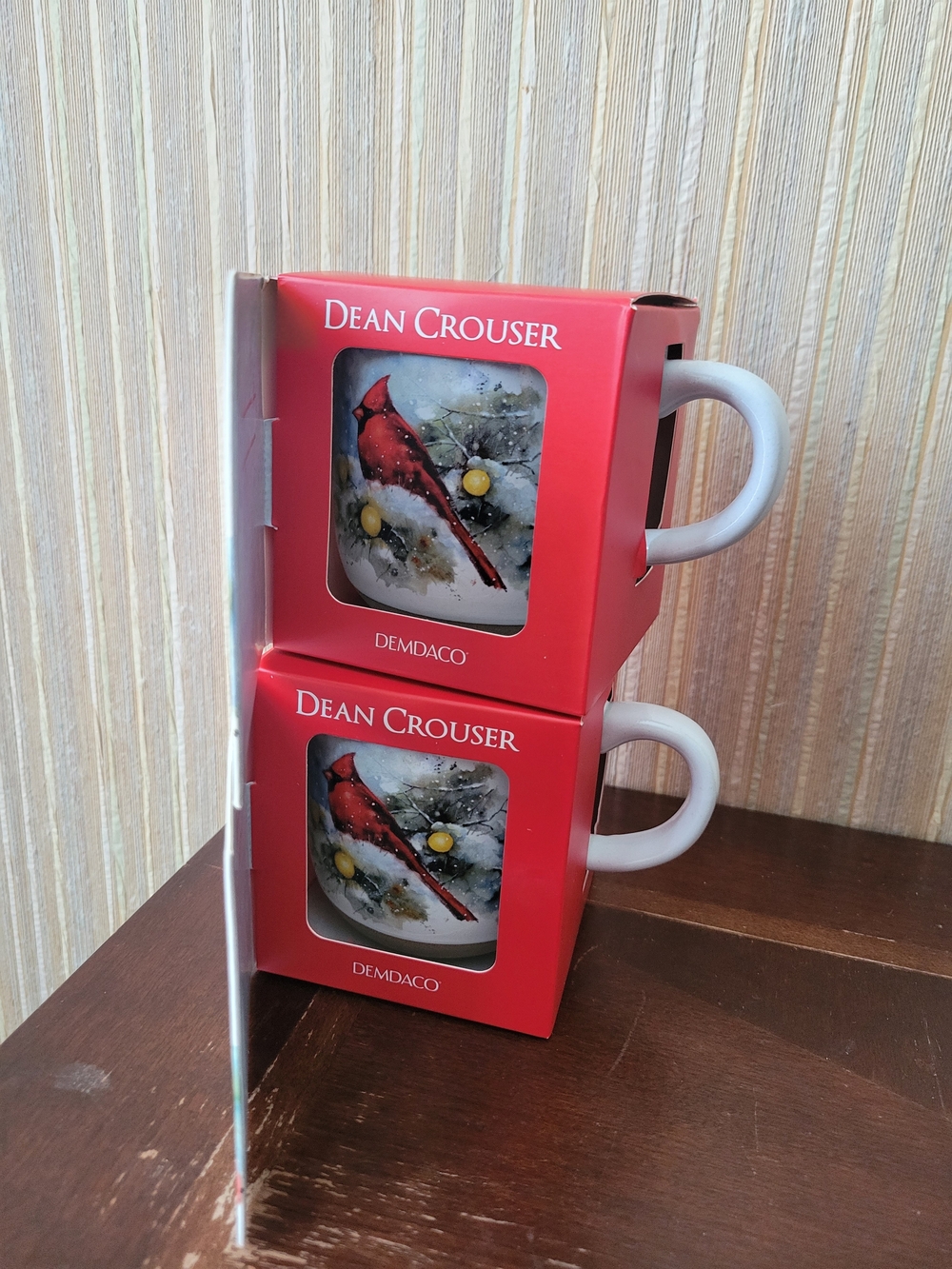 Dean Crouser Snow Frosted Red Cardinal Ceramic Mug Set of 2 by Demdaco NWT